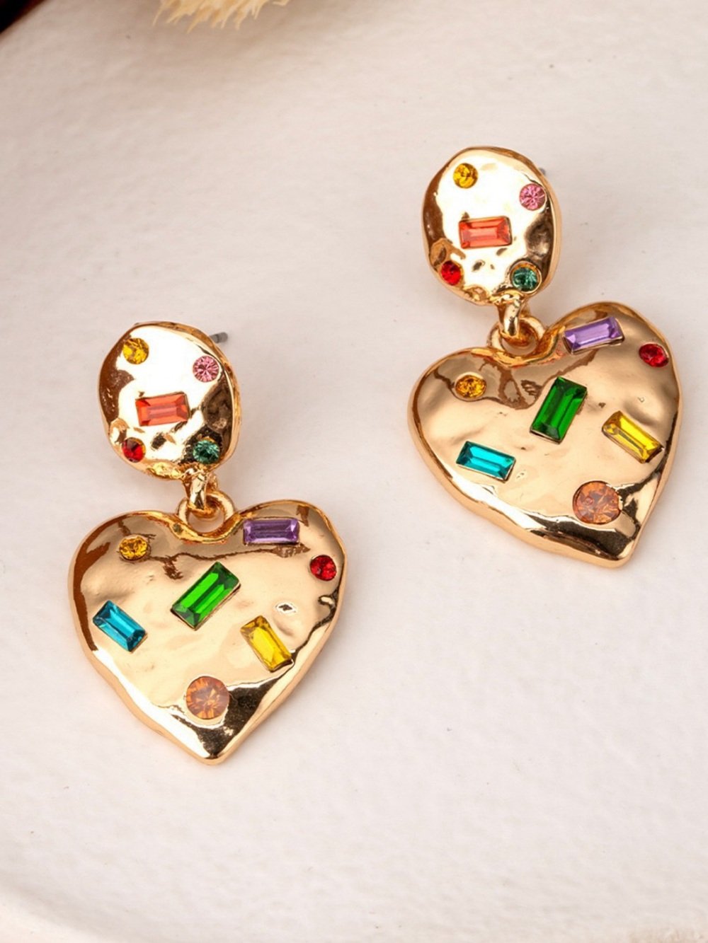 Gold-Tone Multicolor Gem Heart Drop Earrings - Women Jewelry